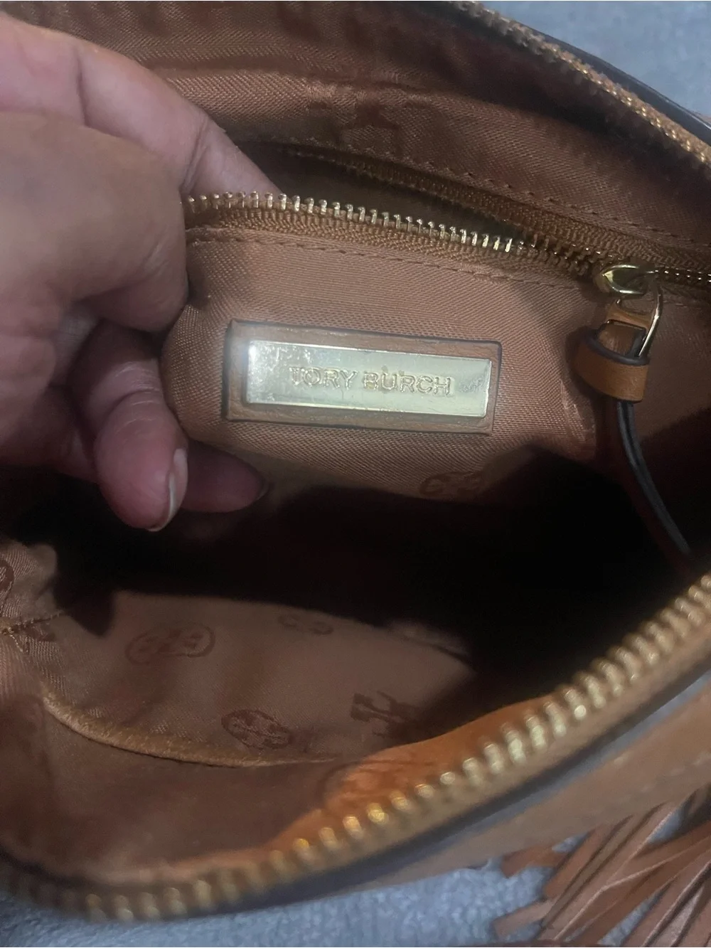 Tory Burch Tan Pebbled Leather Crossbody with Tassel